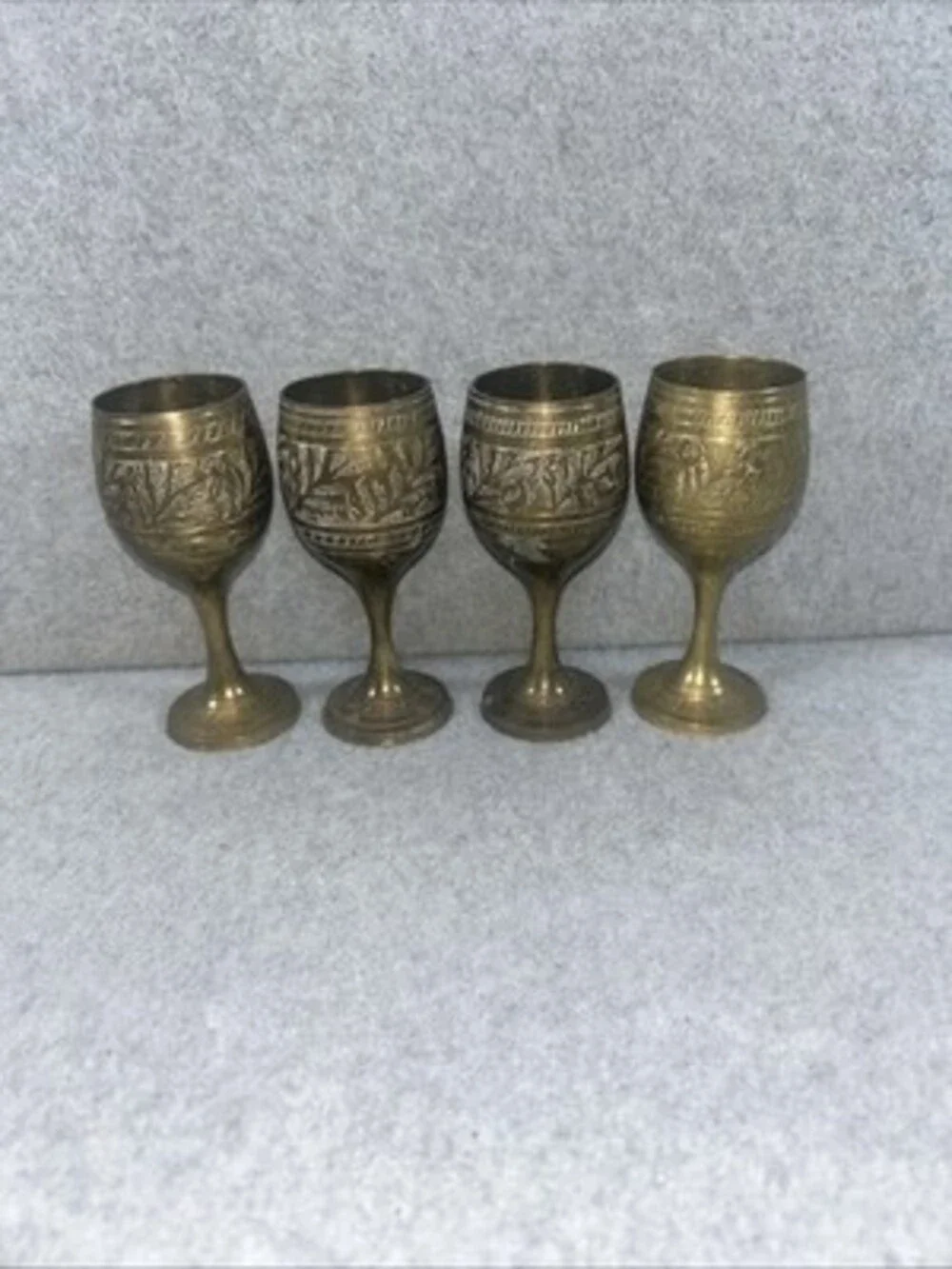 Set Of 4 Rare Vintage Solid Brass Goblets Hand Carved 4” Tall